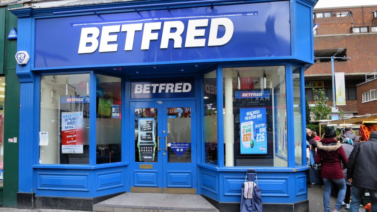 Exterior of a Betfred betting shop on a high street in Wood Green, London