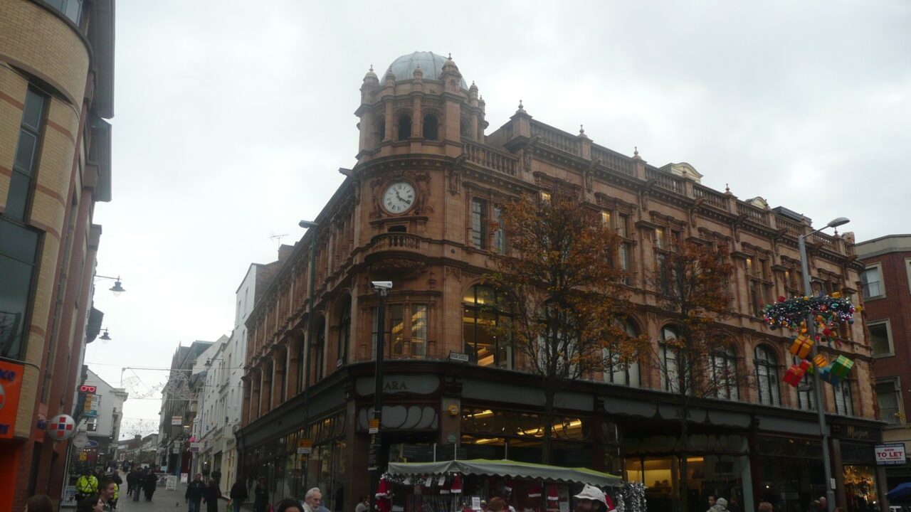 Historic Boots headquarters building on Nottingham High Street, a Victorian-era brick structure completed in 1902-3
