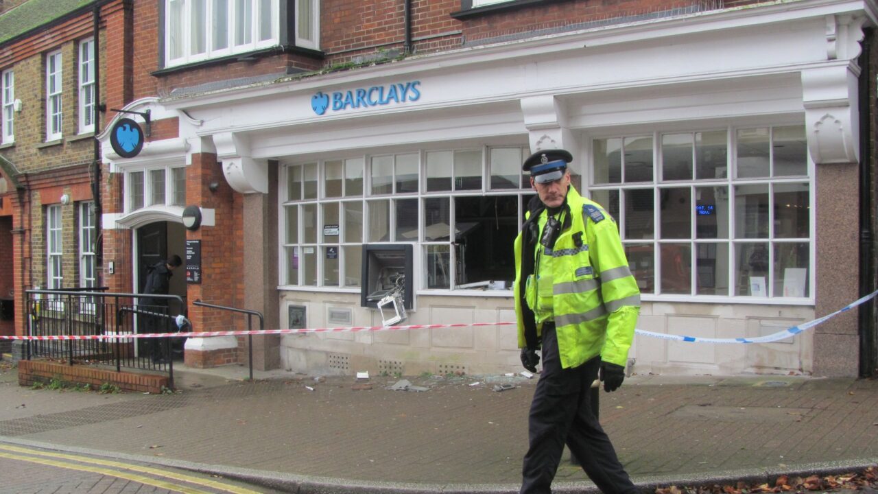 Barclays Bank storefront in Tring with protective measures following a cash machine raid