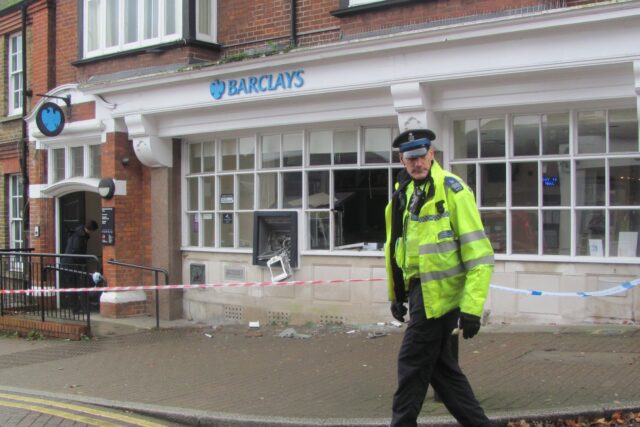 Barclays Bank storefront in Tring with protective measures following a cash machine raid