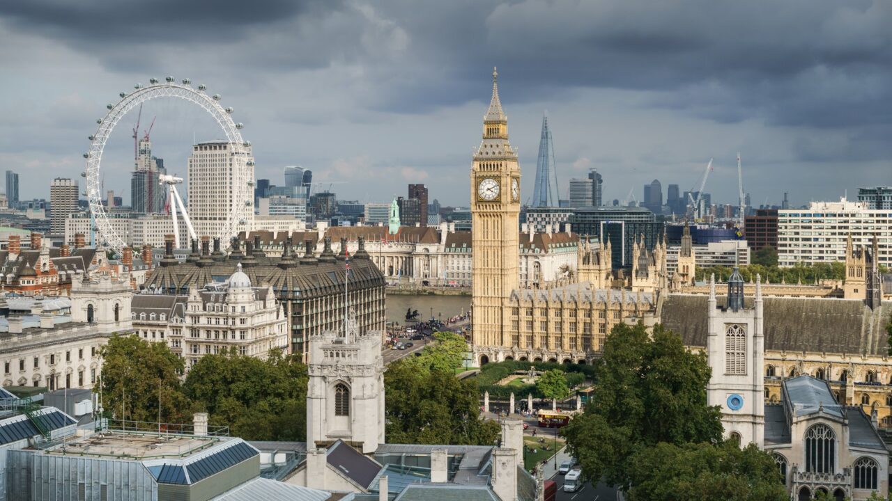 The Palace of Westminster (Houses of Parliament) viewed from Methodist Central Hall in London