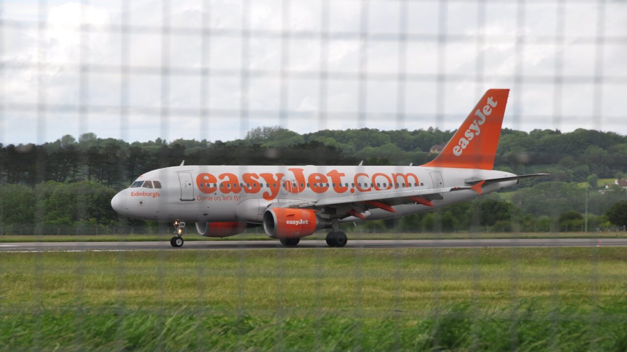 EasyJet aircraft on the runway at Bristol Airport, North Somerset