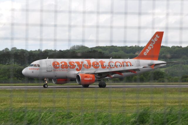EasyJet aircraft on the runway at Bristol Airport, North Somerset