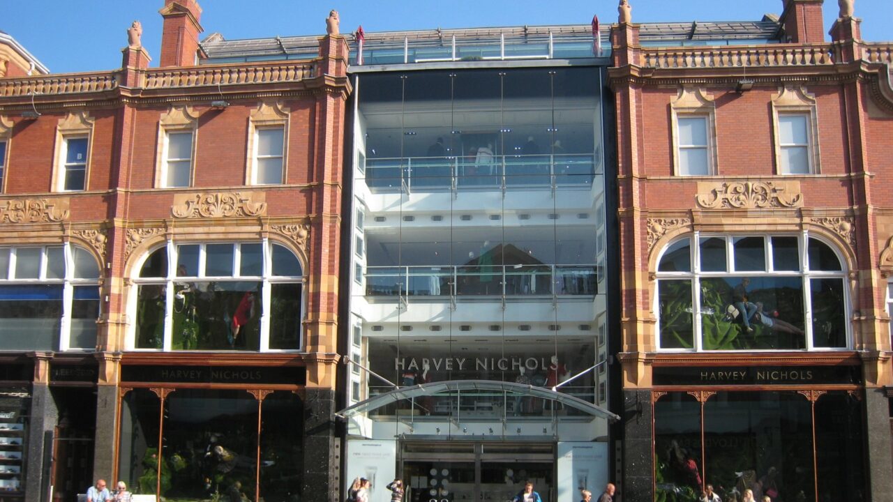 Harvey Nichols store entrance on Briggate in Leeds, West Yorkshire