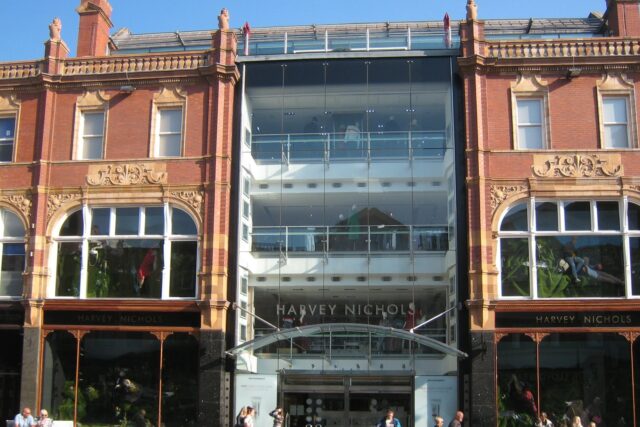 Harvey Nichols store entrance on Briggate in Leeds, West Yorkshire