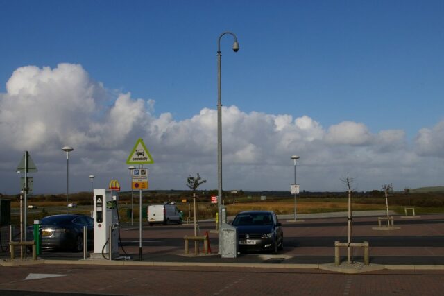 Electric car charging points at Cornwall Services on a UK motorway
