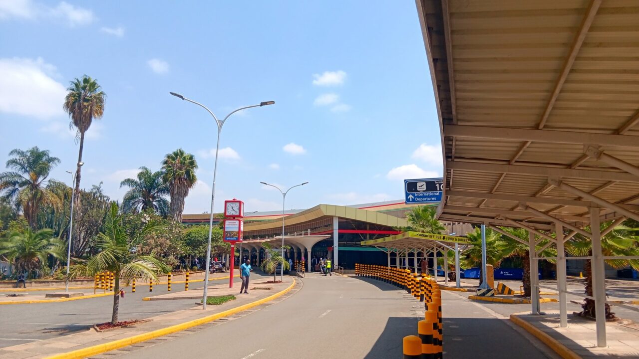 Landside view of Jomo Kenyatta International Airport terminal building in Nairobi, Kenya