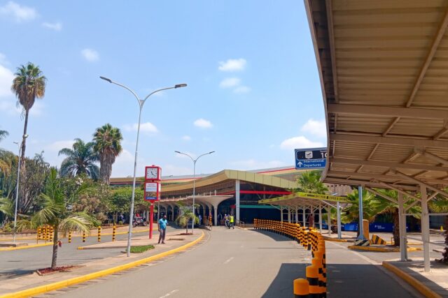 Landside view of Jomo Kenyatta International Airport terminal building in Nairobi, Kenya