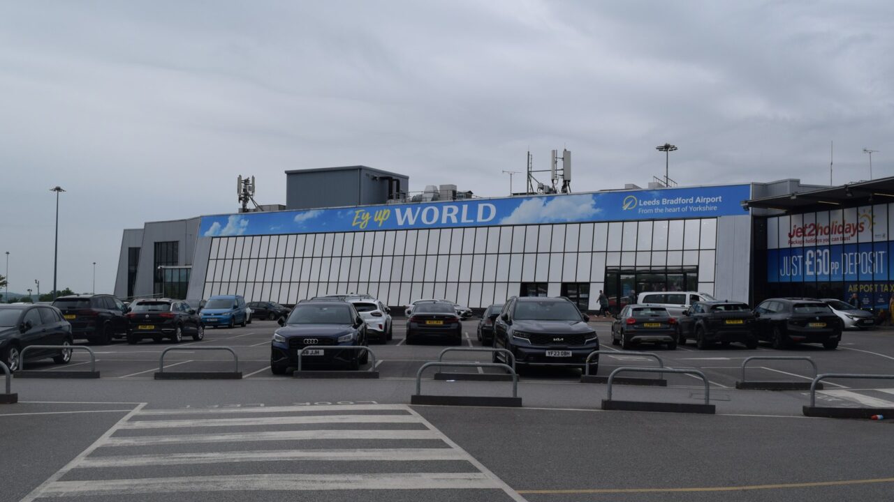 Leeds Bradford Airport terminal building exterior, photographed in daylight.