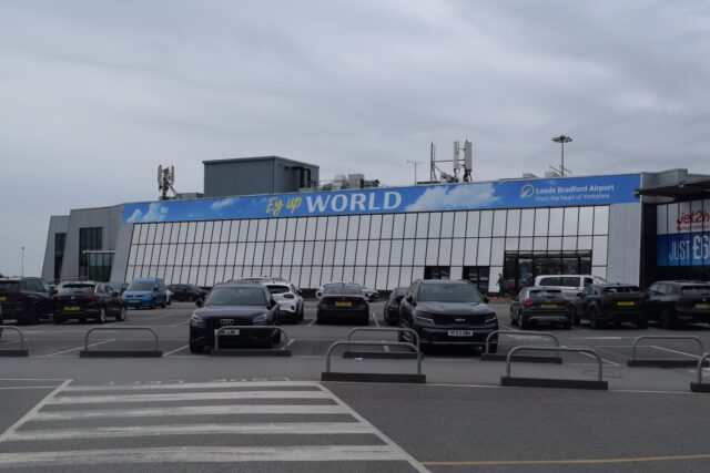 Leeds Bradford Airport terminal building exterior, photographed in daylight.