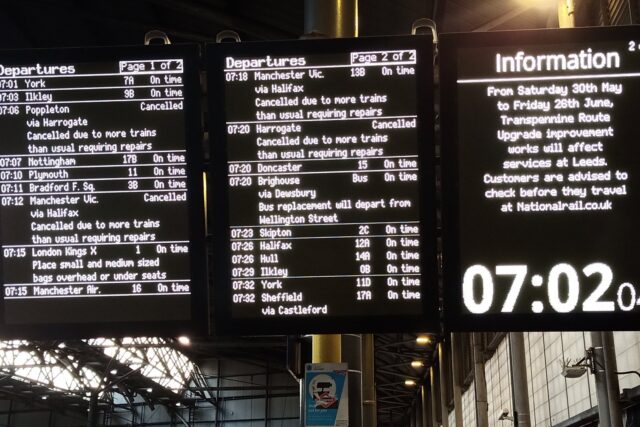 Departures board on Platform 16 at Leeds railway station