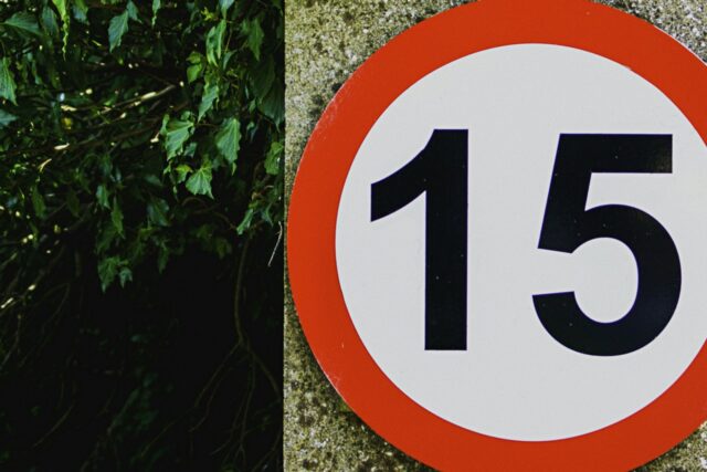A red and white circular 15 km/h speed limit sign mounted on a concrete wall next to green foliage