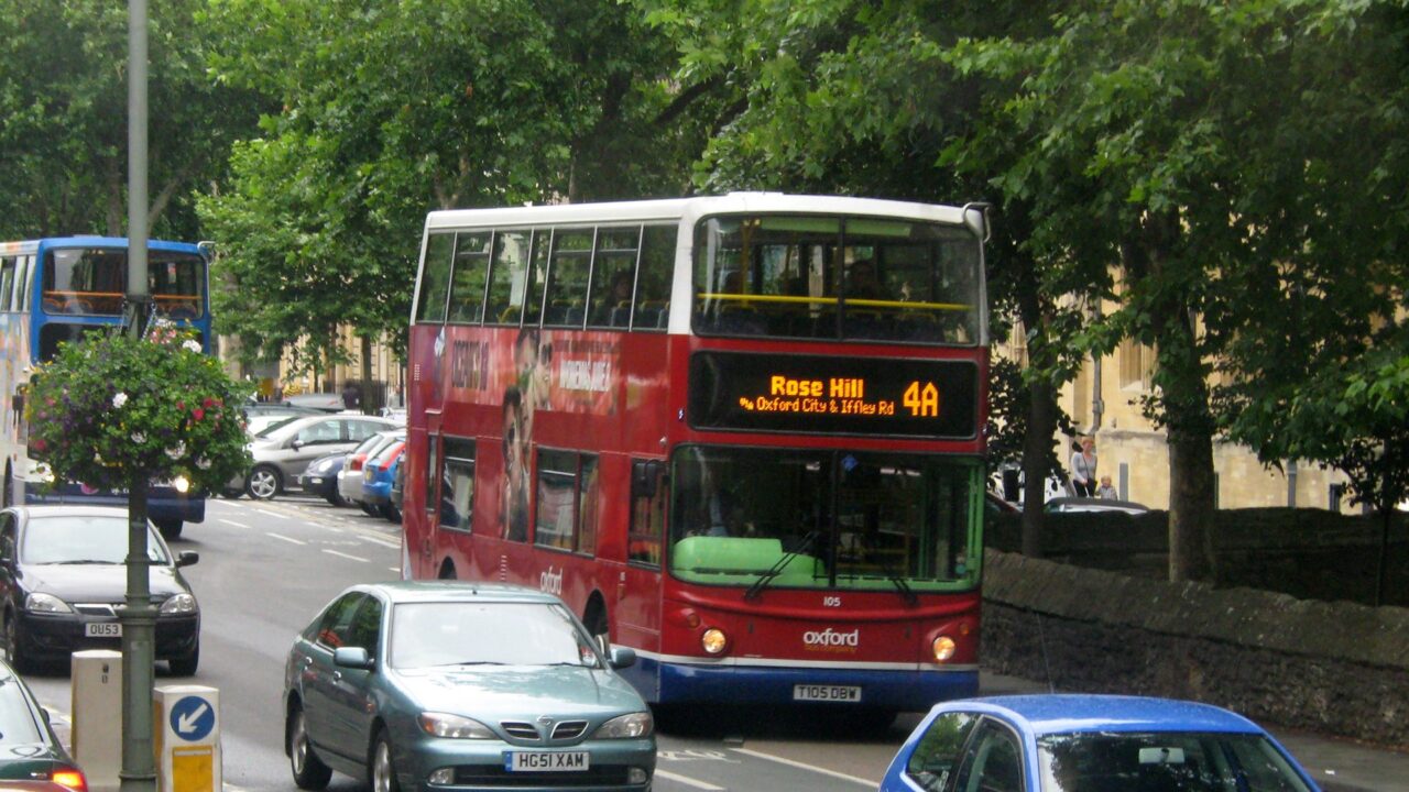 Traffic congestion on St Giles' Street, Oxford, with buses including one diverted from Botley Road.