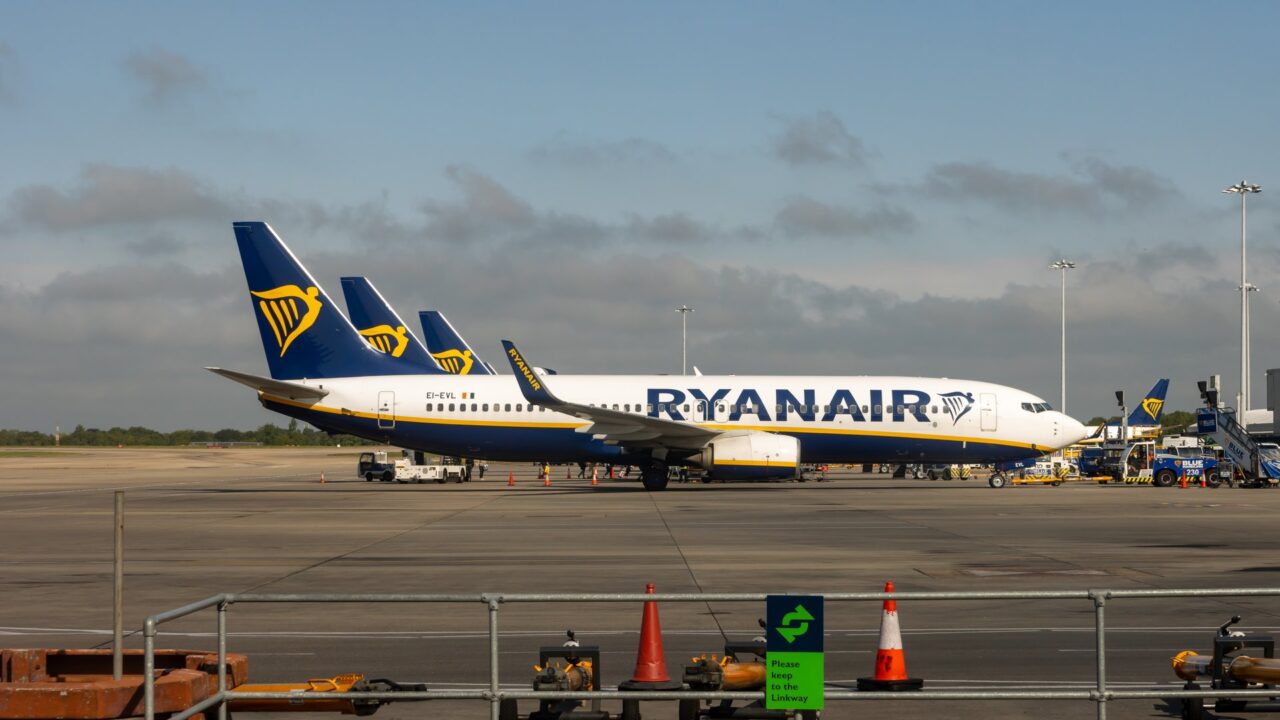 Ryanair aircraft parked at London Stansted Airport