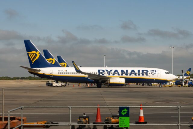 Ryanair aircraft parked at London Stansted Airport