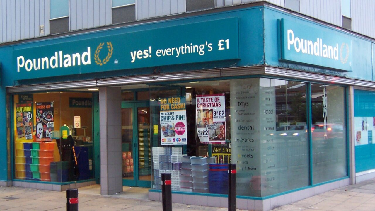 Exterior of a Poundland store in Peterborough, England, showing storefront signage.