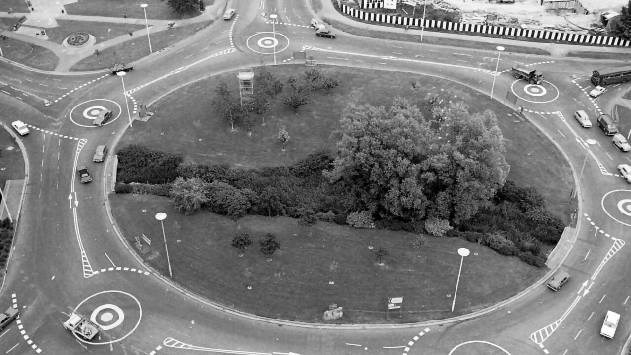 The Magic Roundabout traffic interchange in Hemel Hempstead, showing multiple circular lanes and road markings