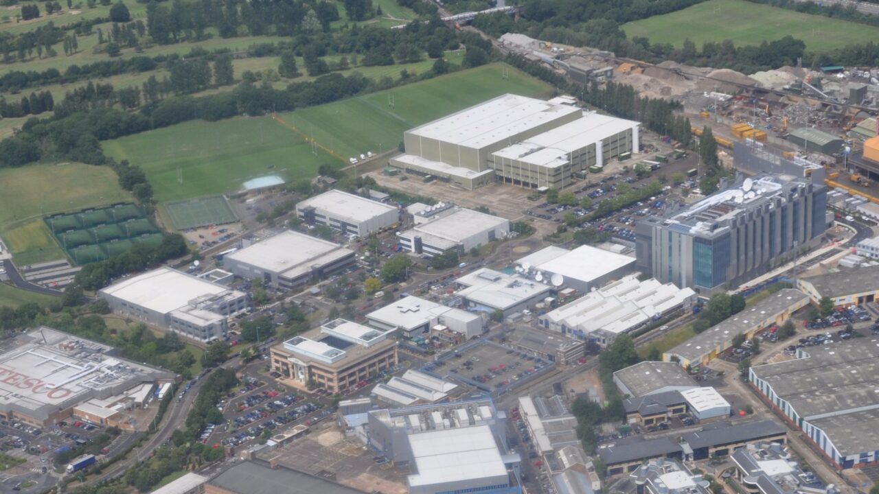 Aerial view of Sky's campus at Syan Lane in Isleworth, London