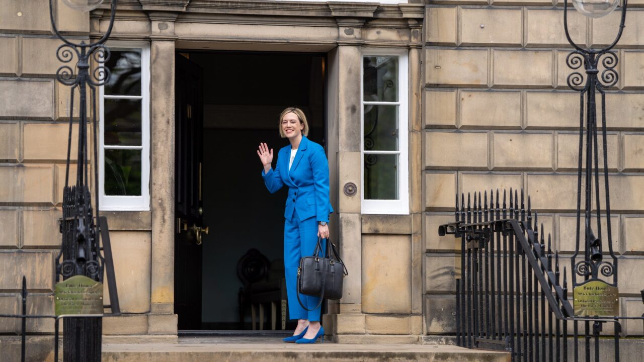 Jenny Gilruth, Deputy First Minister, standing on the steps of Bute House in Edinburgh