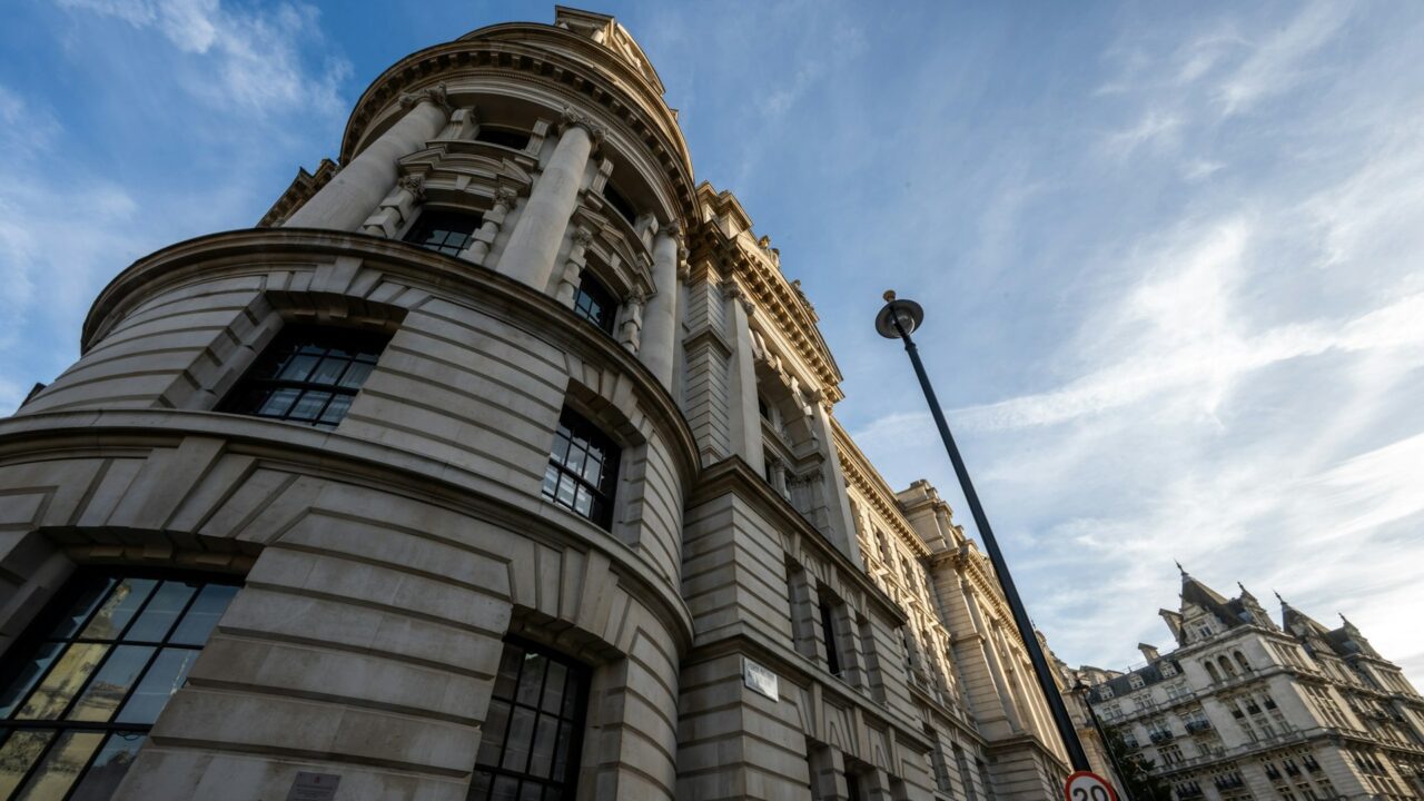 Low angle view of the neoclassical Old War Office building in London against the sky