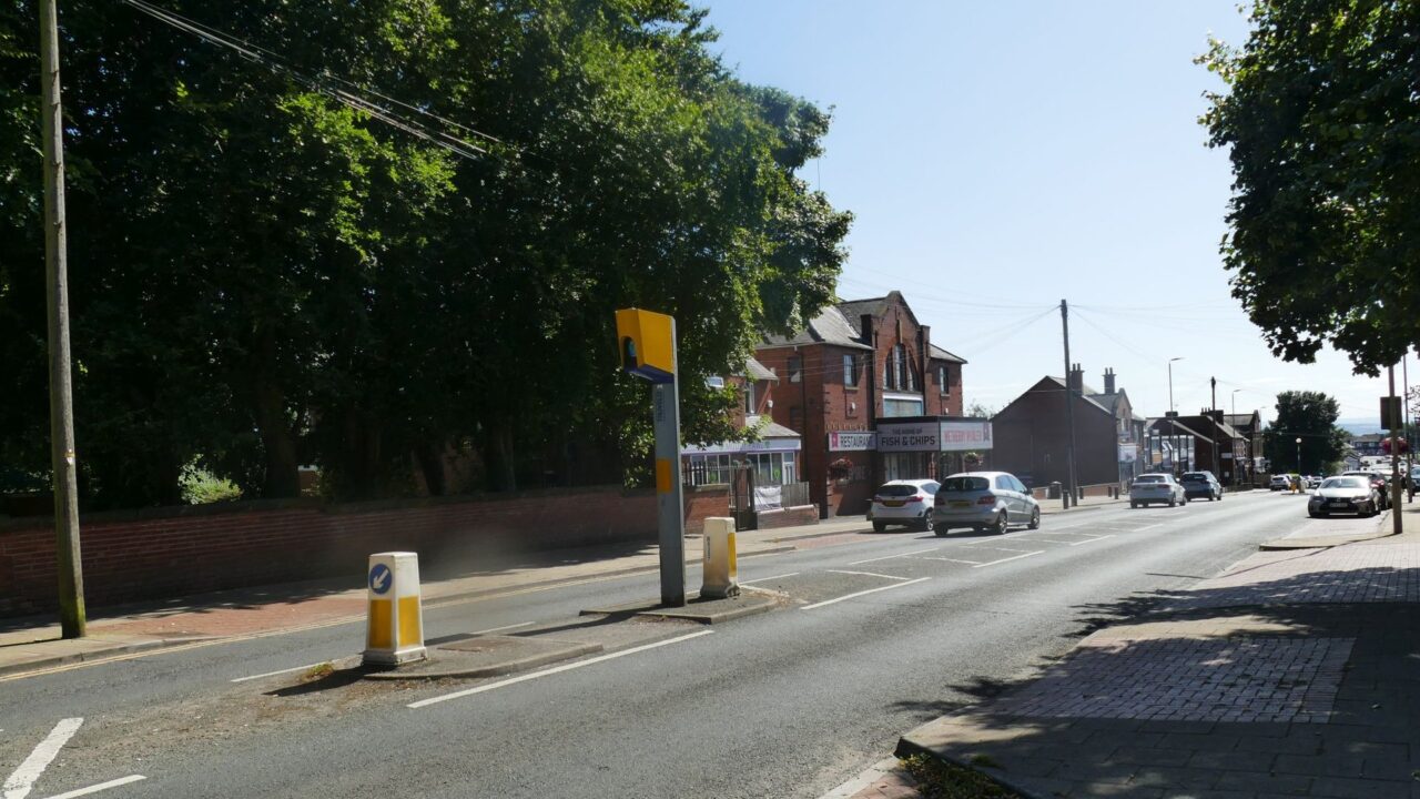 Speed camera mounted on a pole beside the A61 at Outwood, UK road
