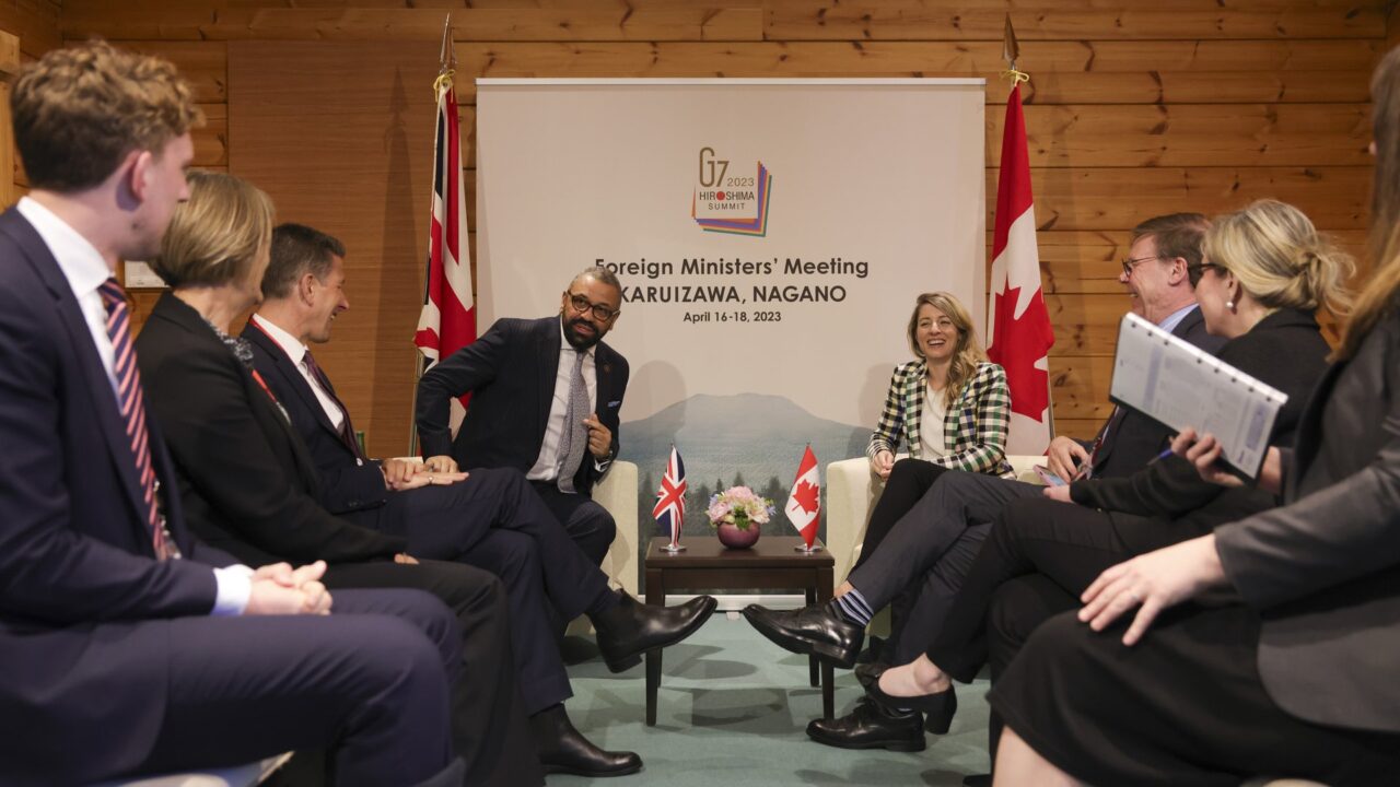 Foreign Secretary James Cleverly meets Canada's Foreign Minister Melanie Joly at a bilateral meeting during the G7 in Japan, April 2023.
