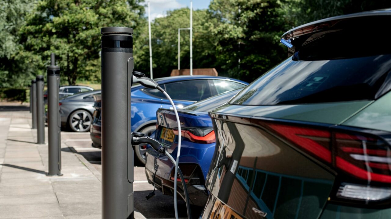 Multiple electric cars charging simultaneously at a public charging station with trees in the background