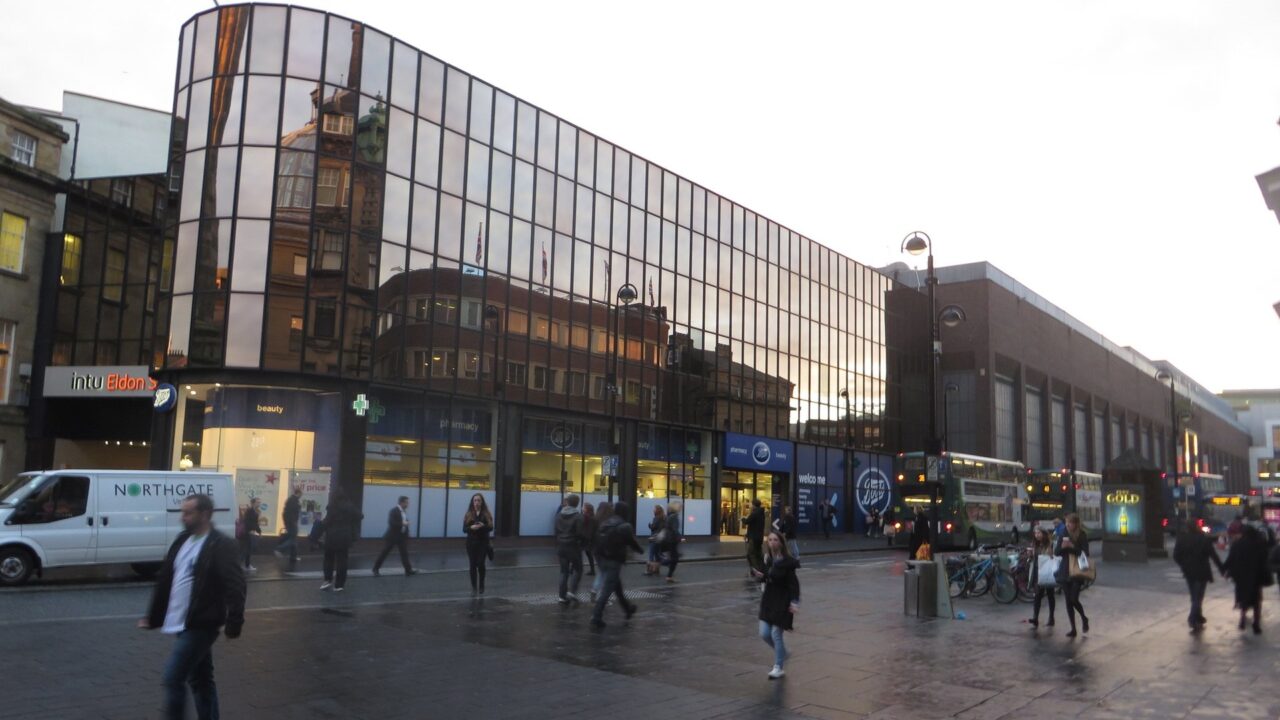 Blackett Street and Eldon Square shopping centre in Newcastle upon Tyne, exterior view of the shopping mall