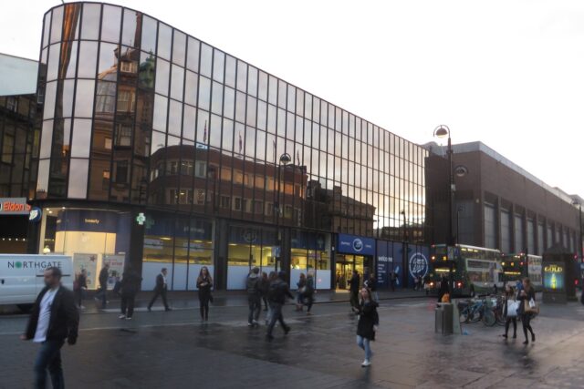 Blackett Street and Eldon Square shopping centre in Newcastle upon Tyne, exterior view of the shopping mall