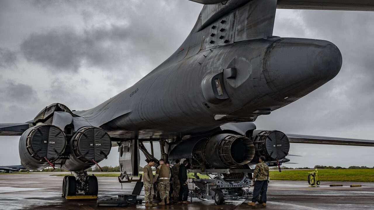 US Air Force personnel working on a B-1 Lancer bomber aircraft at RAF Fairford